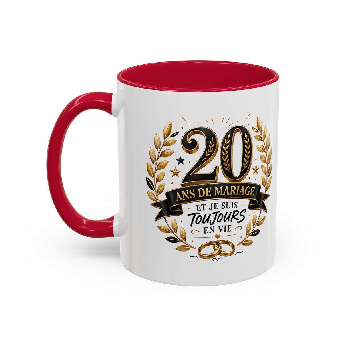 Mug 20 Ans de Mariage et Je Suis Toujours en Vie – Tasse Humoristique Anniversaire de Mariage – Idée Cadeau Couple Noces de Porcelaine noir bleu rouge