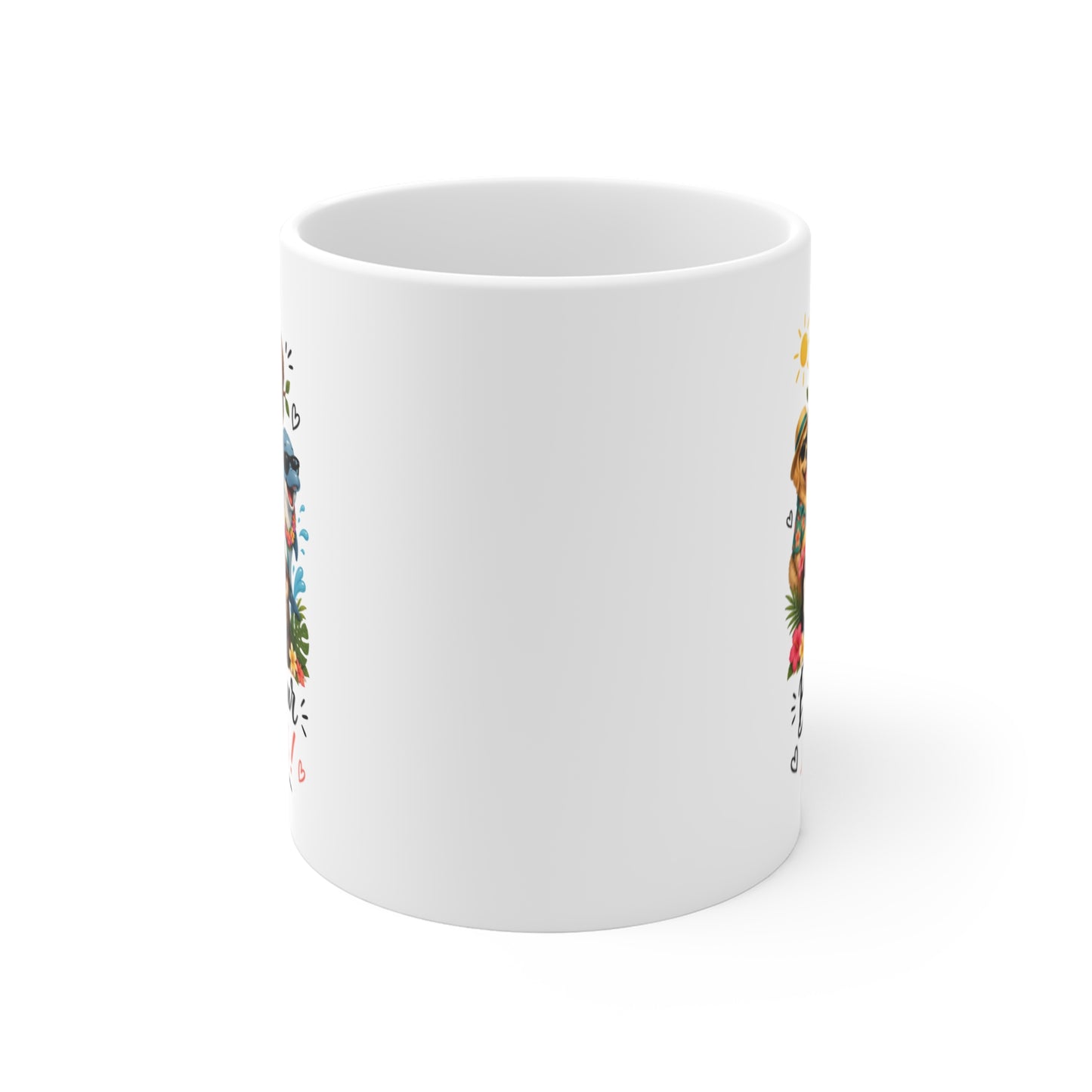 Tasse Bonjour l'Été – Mug Animaux Tropicaux Drôles – Paresseux Dauphin Tortue Toucan Chien Étoile de Mer 325 ml