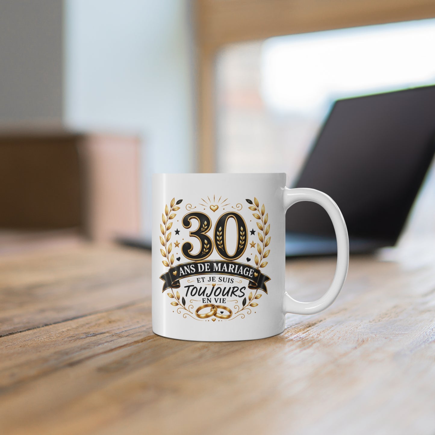 Mug 30 Ans de Mariage et Je Suis Toujours en Vie – Tasse Humoristique Anniversaire de Mariage – Idée Cadeau Couple Noces de Perle