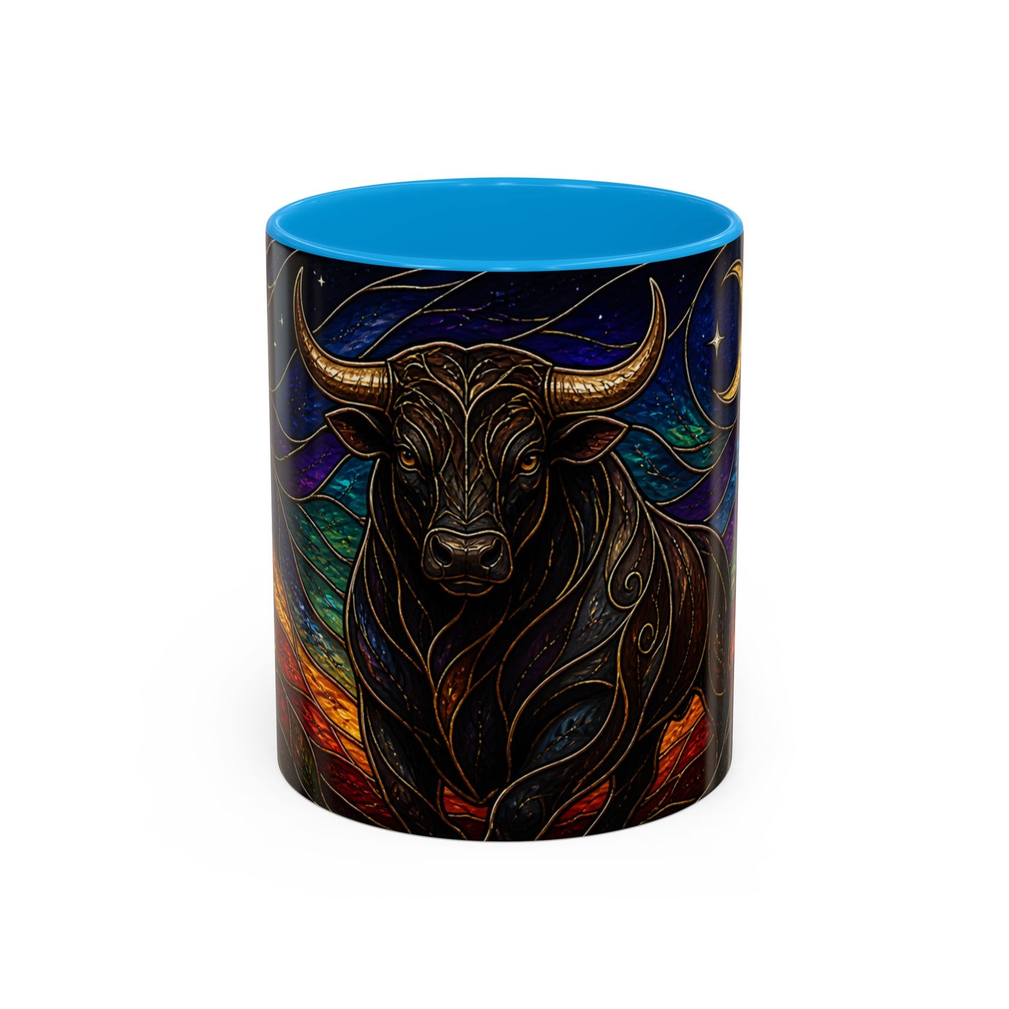 Tasse Taureau Style Vitrail – Mug Artistique Multicolore avec Lune et Taureau Mystique – Céramique 325ml