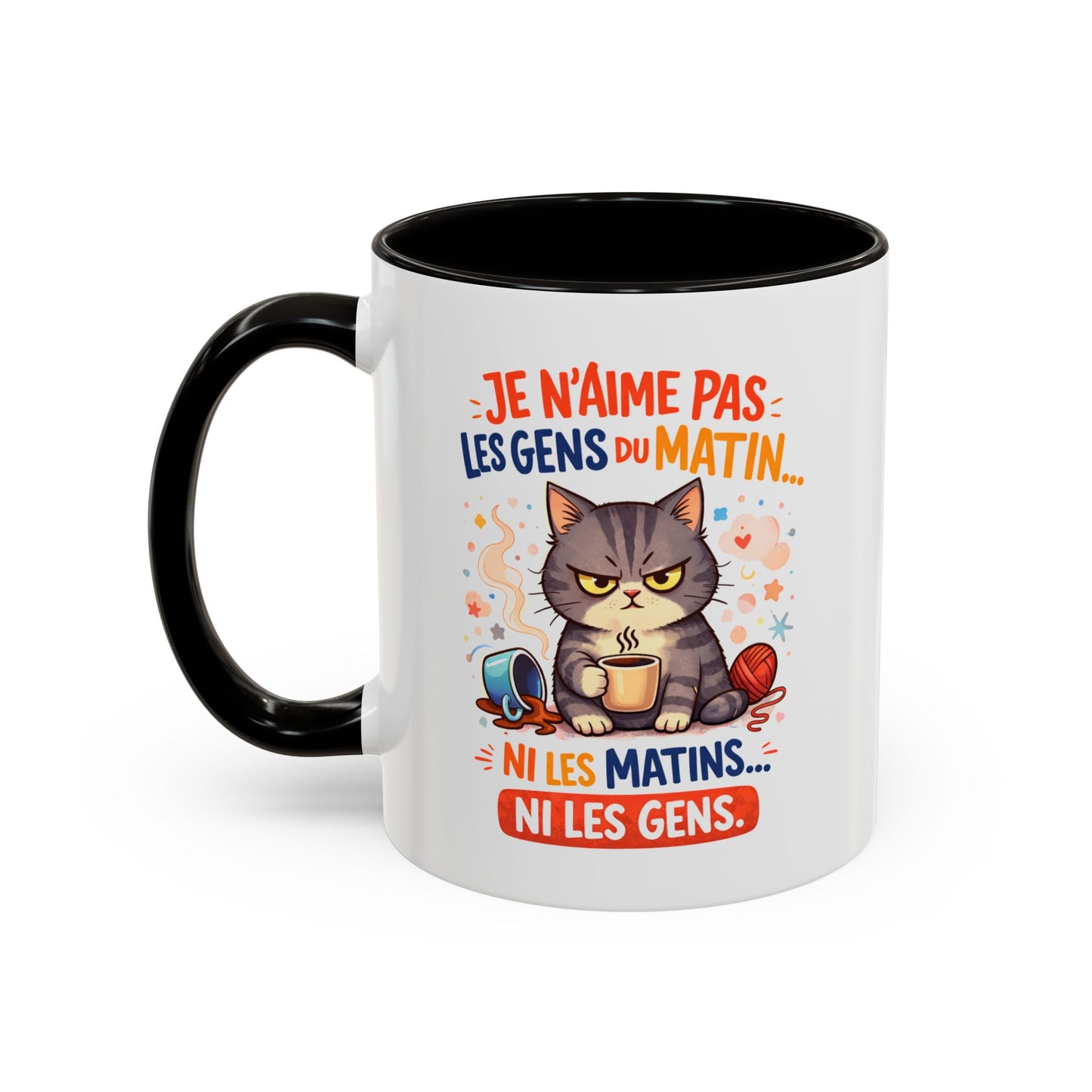 Tasse Chat Drôle “Je n’aime pas les gens du matin” – Mug Humour Chat Café Noir Bleu Rouge – Cadeau Original Amoureux des Chats 325ml