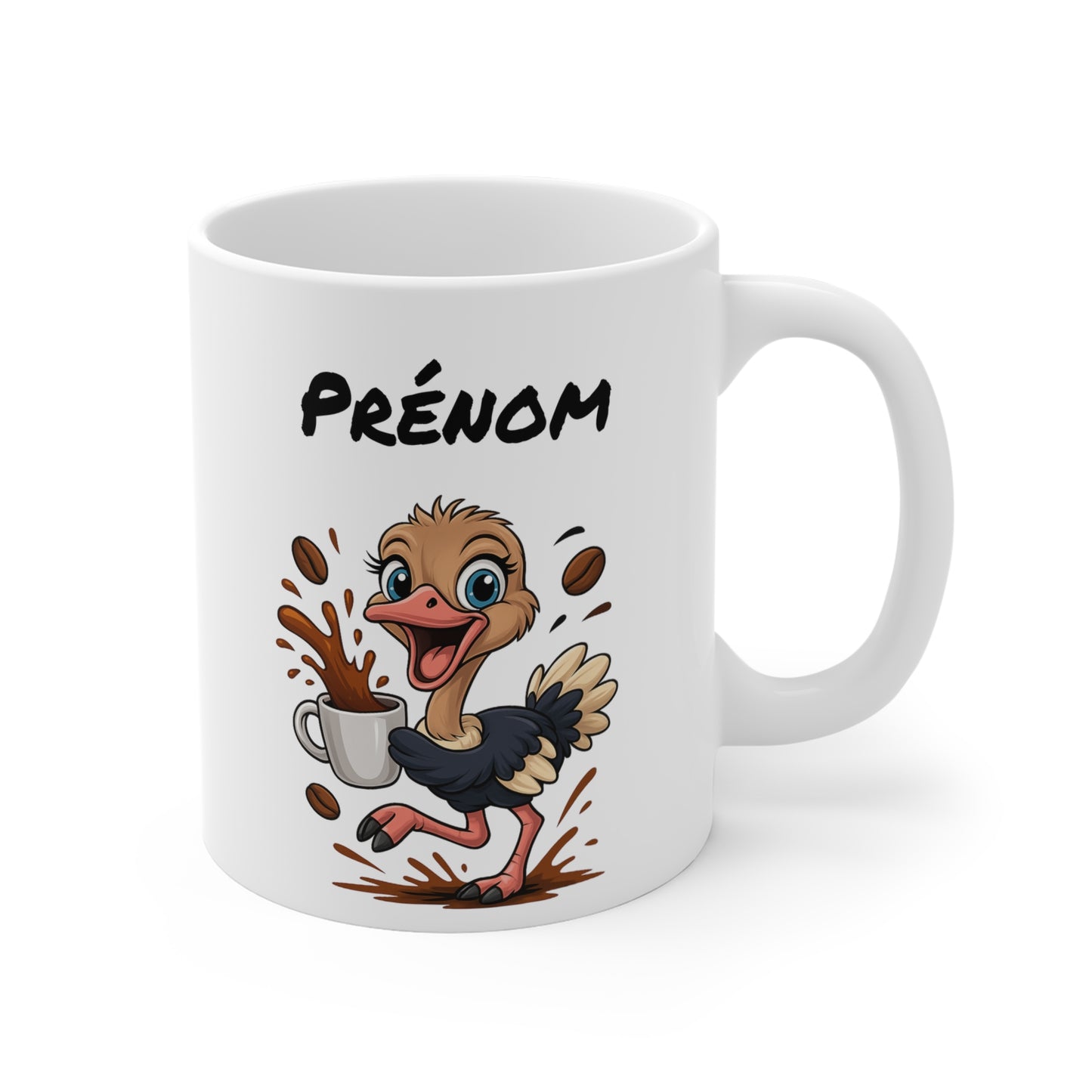 Tasse Personnalisable Autruche Café – Mug Prénom Cartoon – Cadeau Original Amateur de Café 325ml