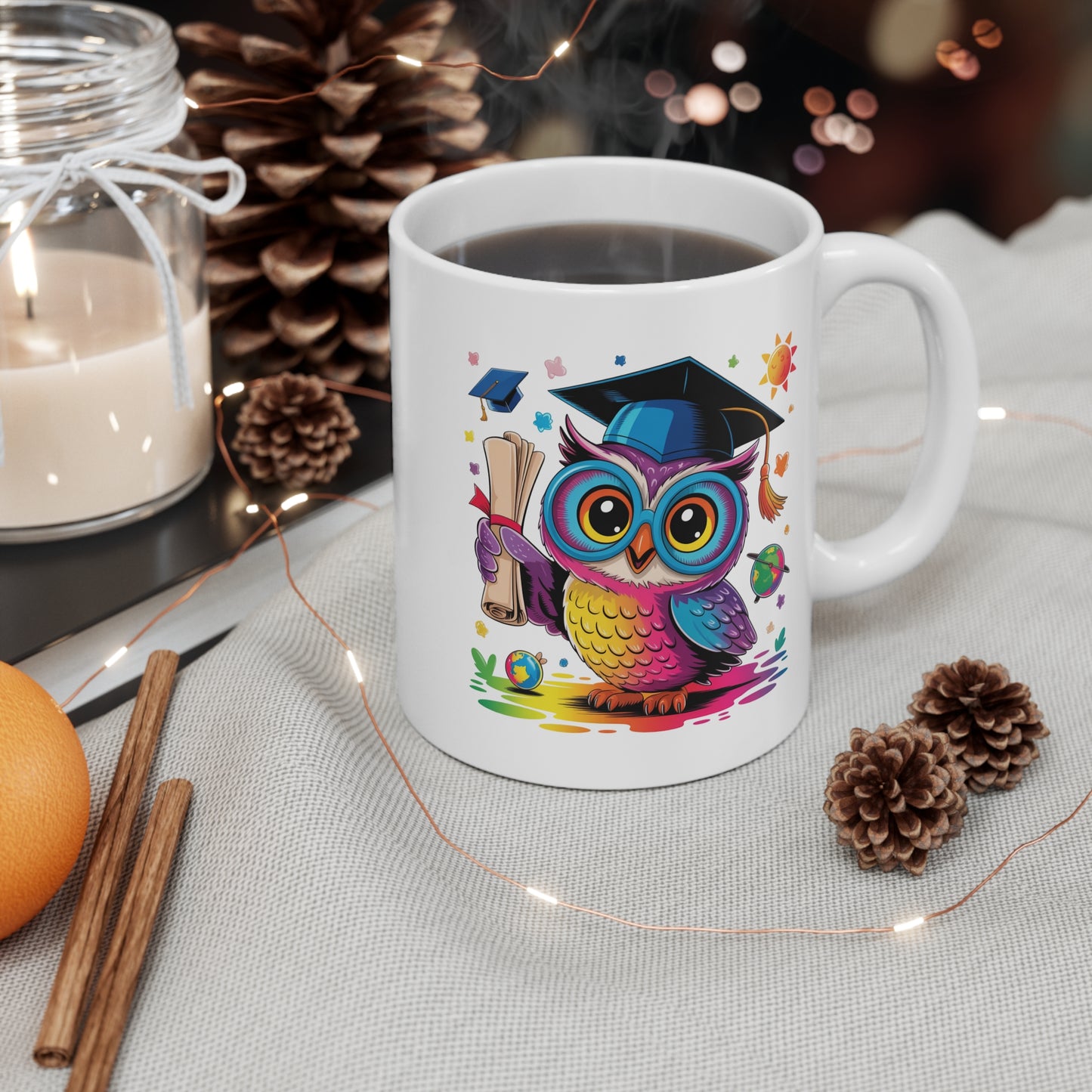 Mug Hibou Diplômé Kawaii – Tasse Chouette Étudiante Colorée – Design Owl avec Lunettes et Diplôme – Cadeau Original Étudiant, Professeur et Enfant – Mug Céramique 325ml