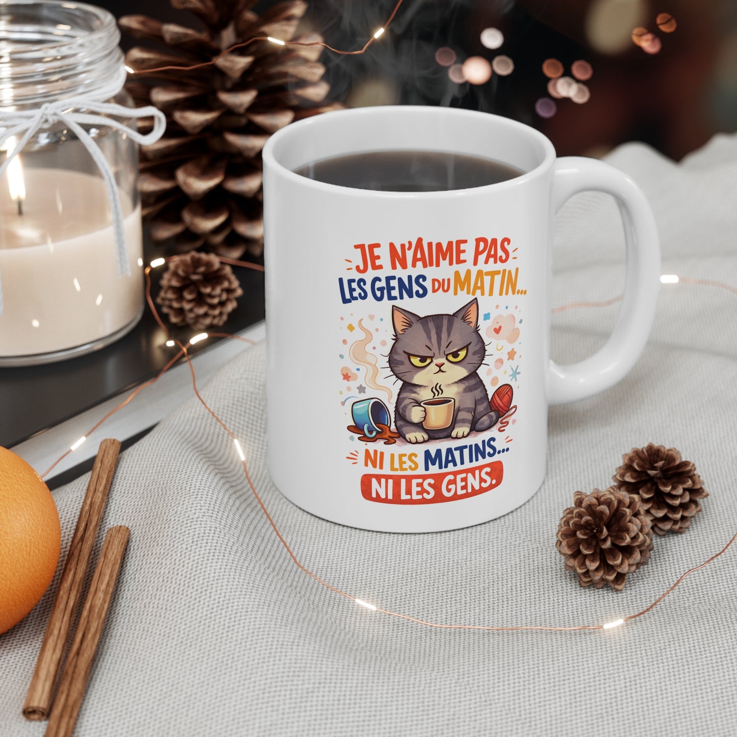 Mug Chat Humoristique – Je N’aime Pas Les Gens Du Matin – Tasse Drôle avec Chat et Café – Cadeau Amusant 325 ml