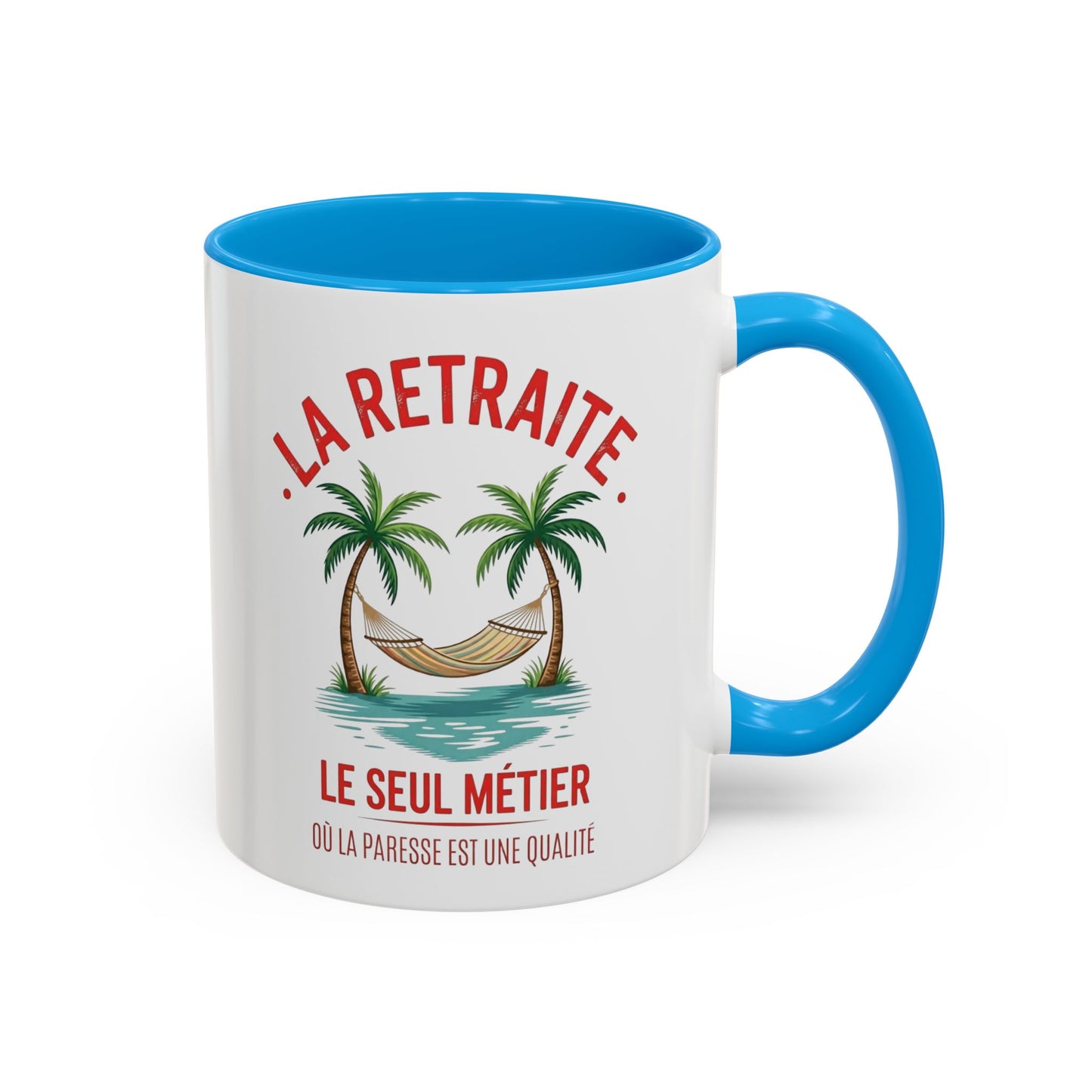 Mug Retraite Humour – Tasse Retraité avec Hamac et Palmiers – Idée Cadeau Départ en Retraite Homme et Femme Noir Bleu Rouge