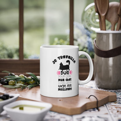 Mug Humour Chat Je travaille dur tasse céramique amour drôle idée cadeau originale anniversaire femme homme fille garçon 325ml