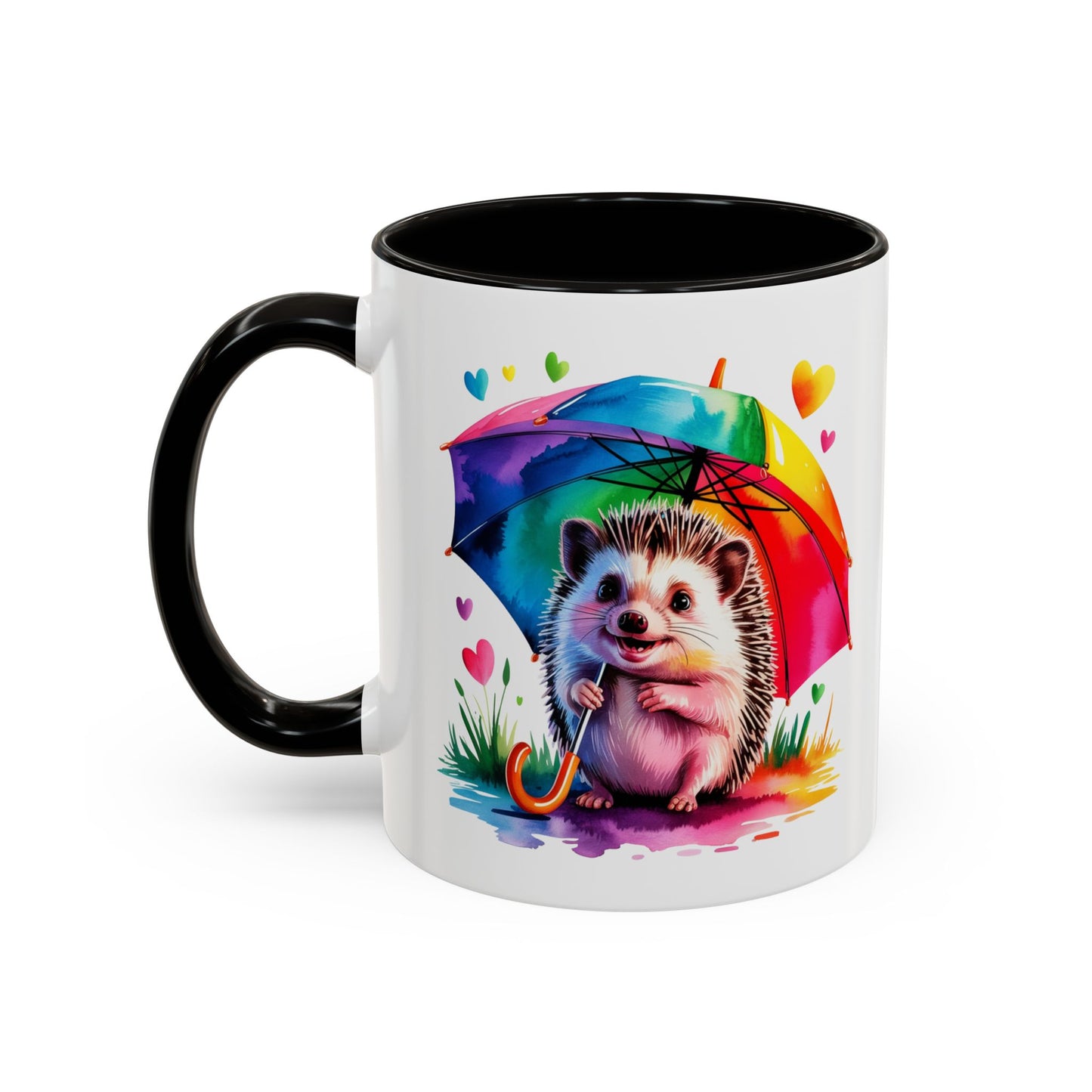 Mug Hérisson Kawaii avec Parapluie Arc-en-Ciel – Tasse Colorée et Mignonne – Cadeau Original Amoureux des Animaux – Céramique 325ml