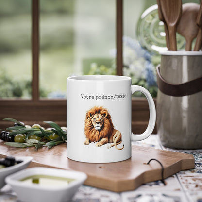 Mug personnalisable personnalisé Lion avec son prénom ou texte pour enfant et adulte