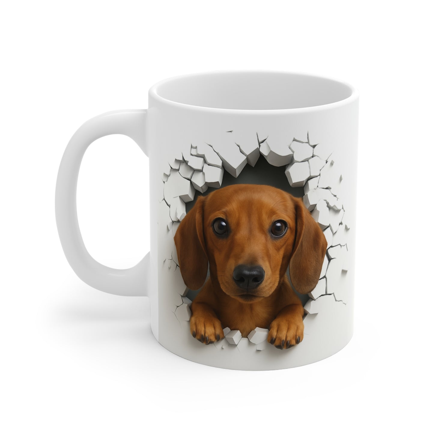 Mug Teckel Roux Effet Mur Cassé – Tasse Chien 3D Trompe-l’œil – Cadeau Original Amoureux du Teckel