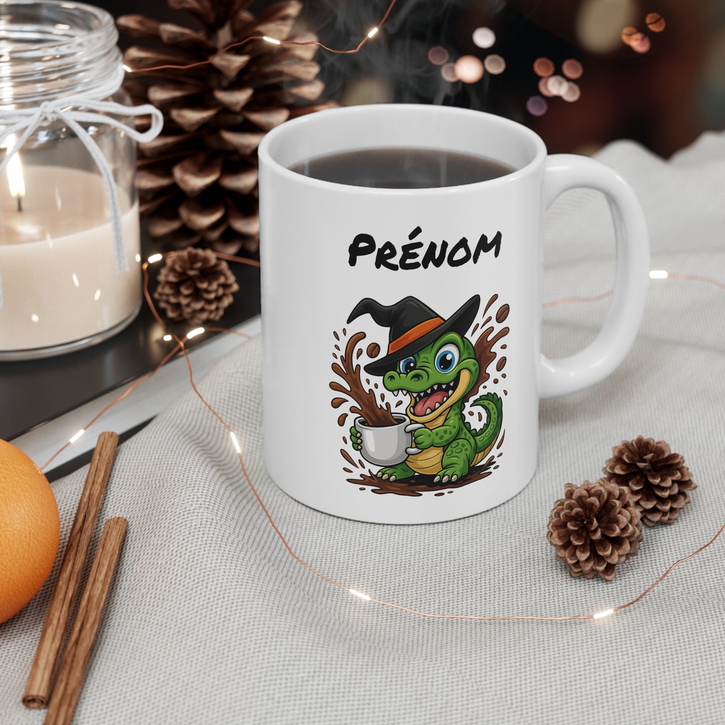 Tasse Personnalisable Crocodile Sorcier Café – Mug Prénom Halloween Mignon 325ml – Cadeau Original Animaux