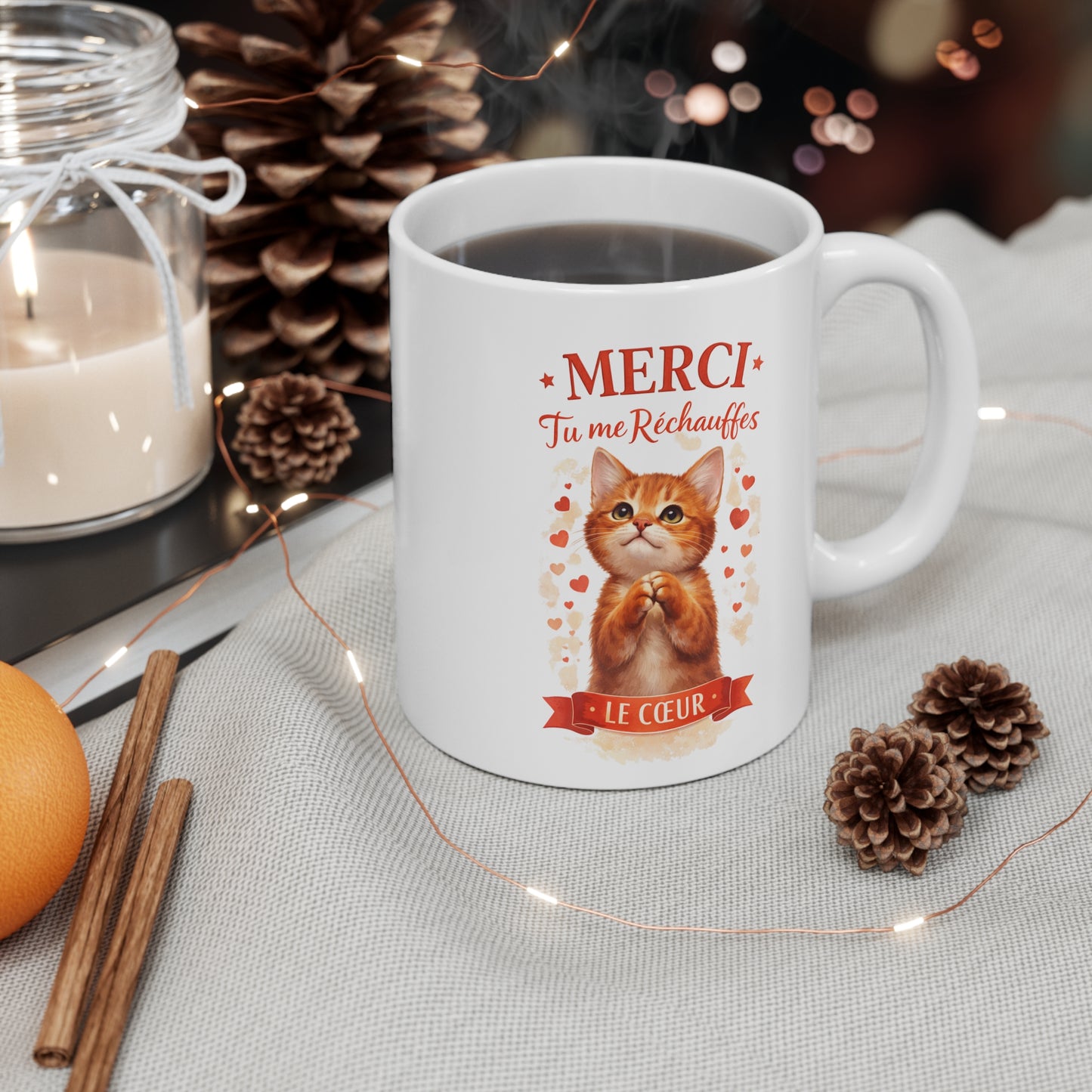 Mug Chat Amour – Merci Tu Me Réchauffes Le Cœur – Tasse Cadeau Mignon avec Chat et Cœurs – Idée Cadeau