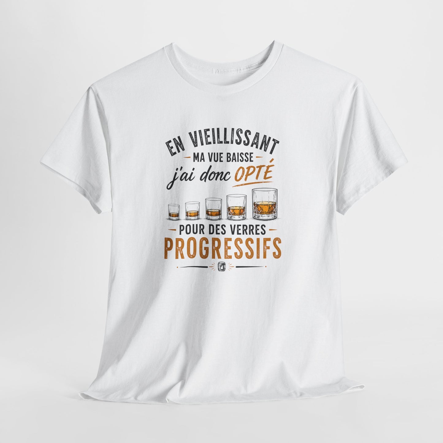 T-Shirt Humour Whisky Verres Progressifs – Tee Shirt Drôle Apéro Alcool Citation Amusante Adulte – Cadeau Ami Amateur Whisky Noir Blanc Gris