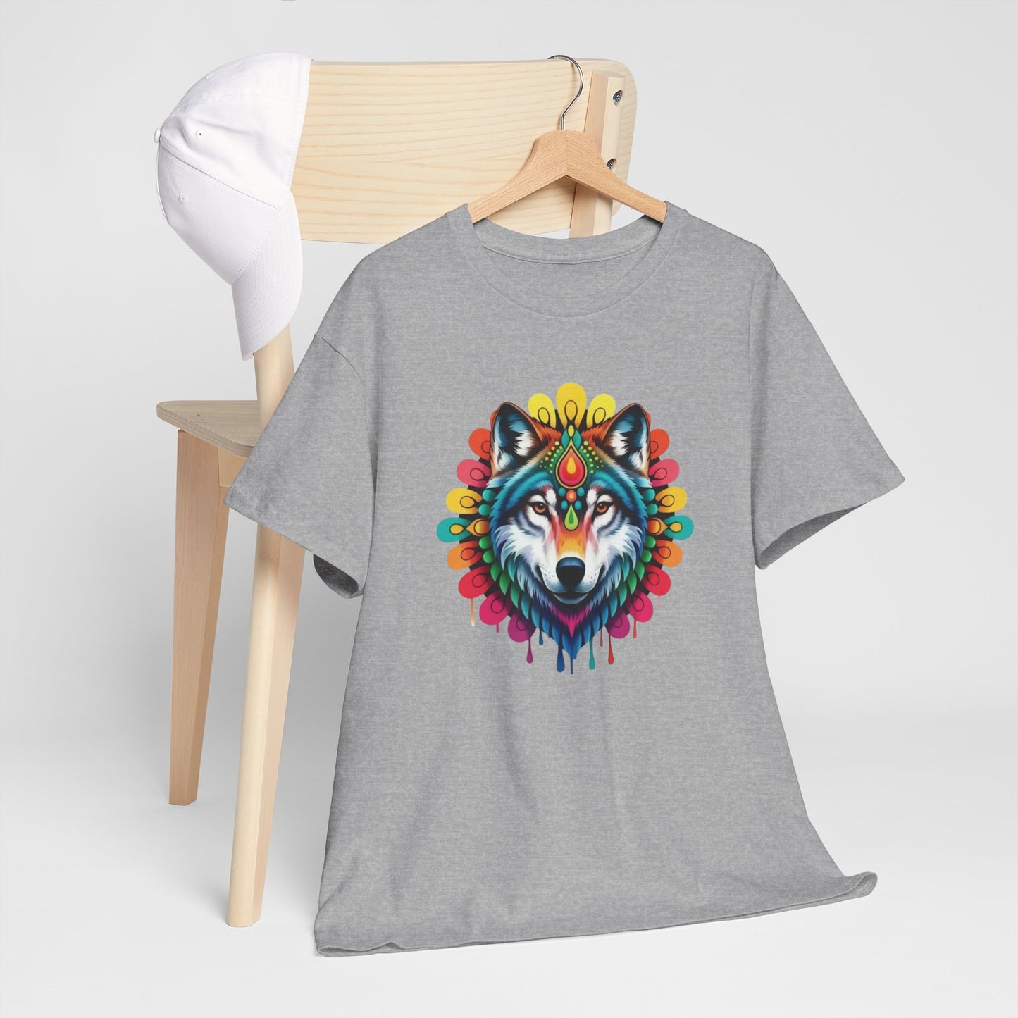 T-Shirt Loup Coloré Mandala – Tee Shirt Wolf Spirituel Tribal – Cadeau Original Animal Mystique Noir Blanc Gris