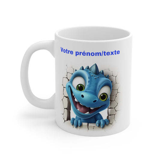 Mug personnalisable personnalisé dinosaure Bleu avec son prénom ou texte pour enfant et adulte