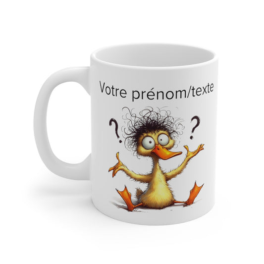 Mug personnalisable personnalisé Canard qui se pose des questions avec son prénom ou texte pour enfant et adulte