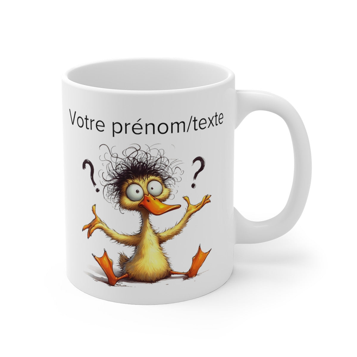 Mug personnalisable personnalisé Canard qui se pose des questions avec son prénom ou texte pour enfant et adulte