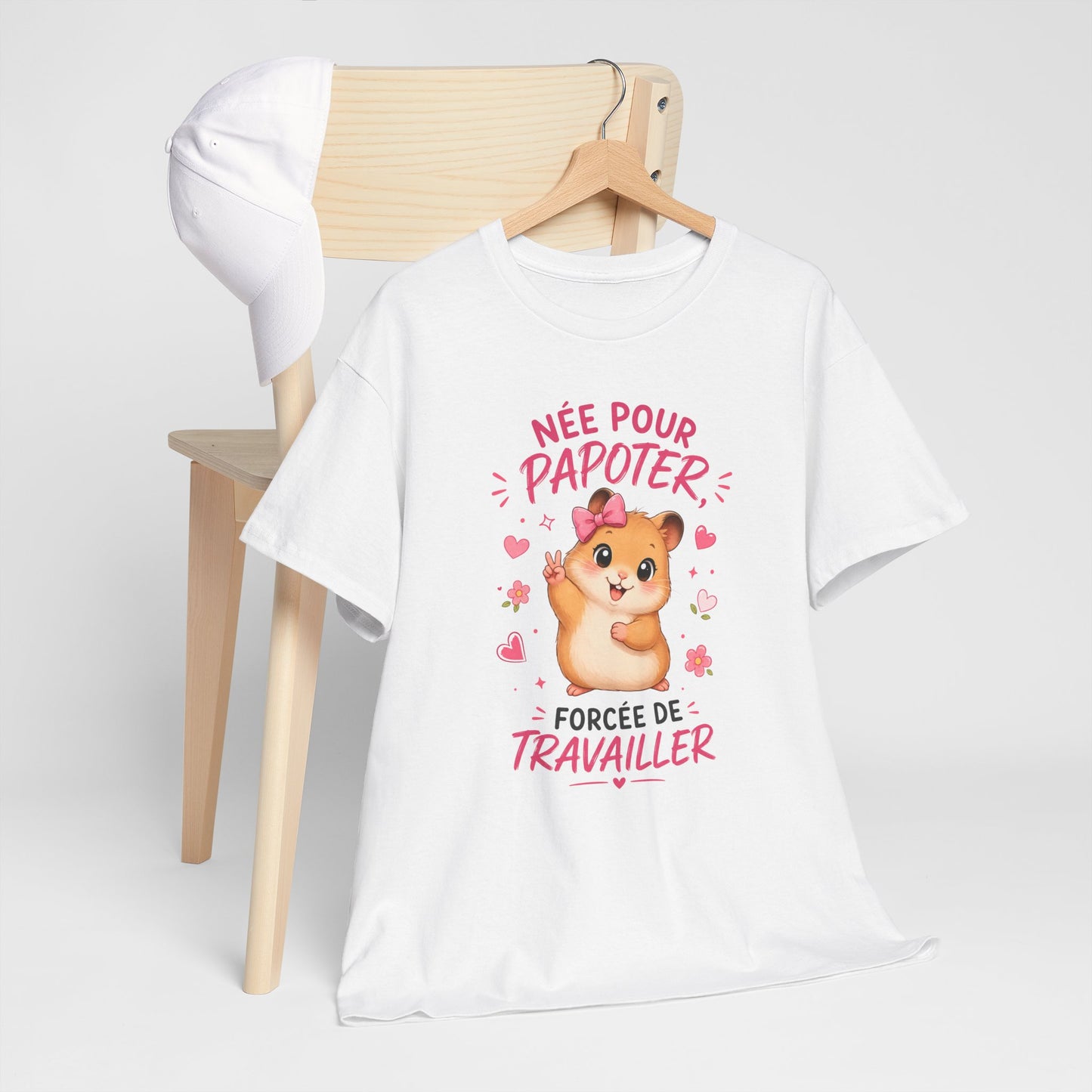 Tee-Shirt Humour Femme Née Pour Papoter Forcée De Travailler – Hamster Kawaii Mignon – Cadeau Collègue Amie Femme Adulte