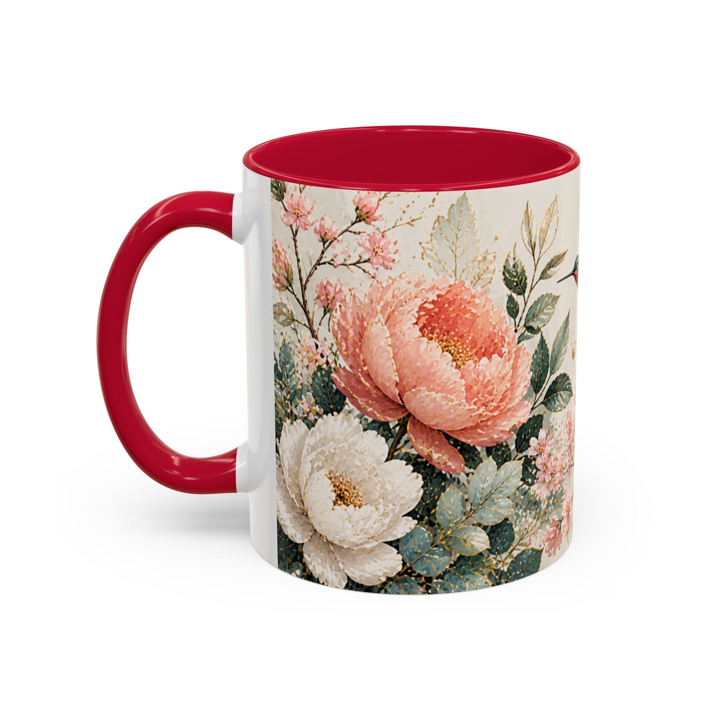 Tasse Florale Colibri et Pivoines – Mug Aquarelle Chic avec Fleurs Roses et Blanches – Design Nature 325ml