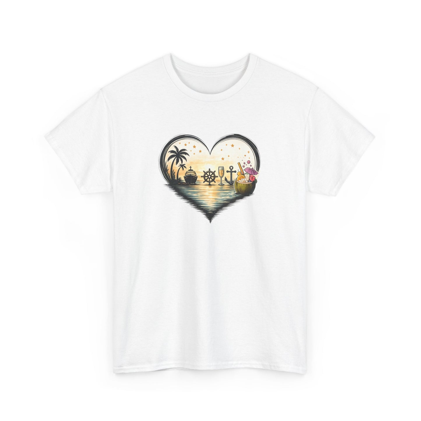 T-Shirt Cœur Océan Tropical – Design Voyage Mer et Cocktails – Tee-Shirt Ambiance Vacances et Liberté