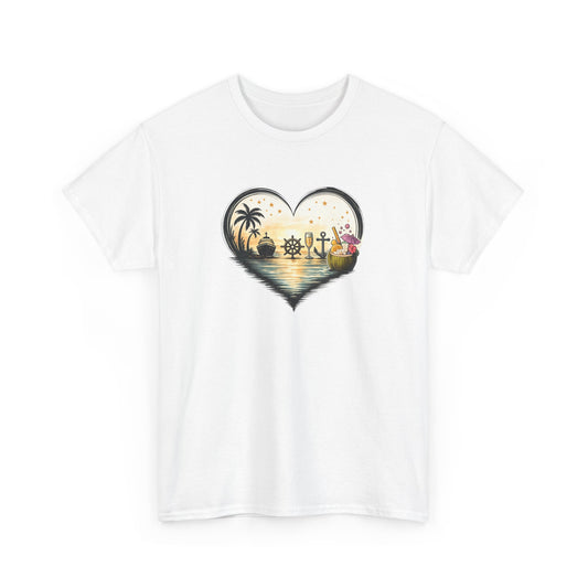 T-Shirt Cœur Océan Tropical – Design Voyage Mer et Cocktails – Tee-Shirt Ambiance Vacances et Liberté