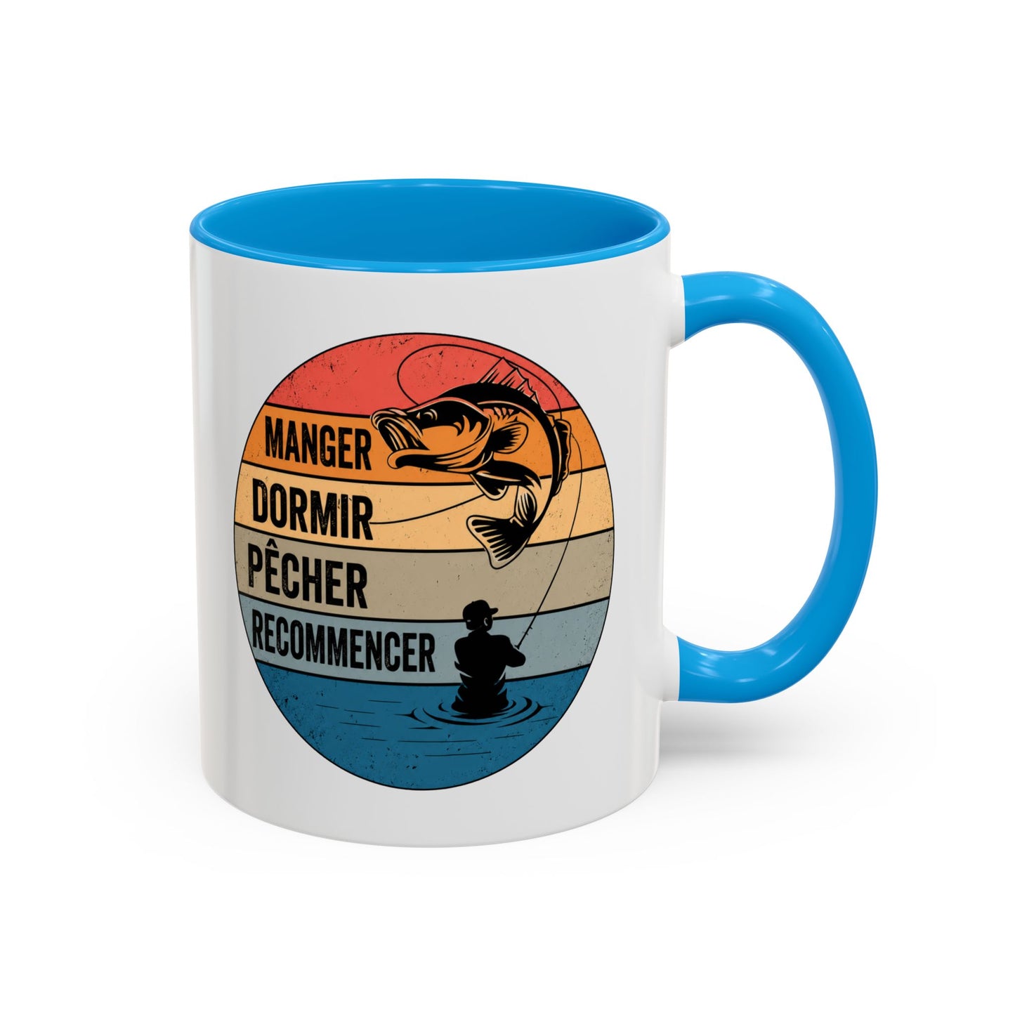 Mug Pêche Vintage – Tasse Pêcheur avec Poisson – Cadeau Homme Passionné de Canne et Loisirs en Plein Air – 325 ml Noir Bleu Rouge