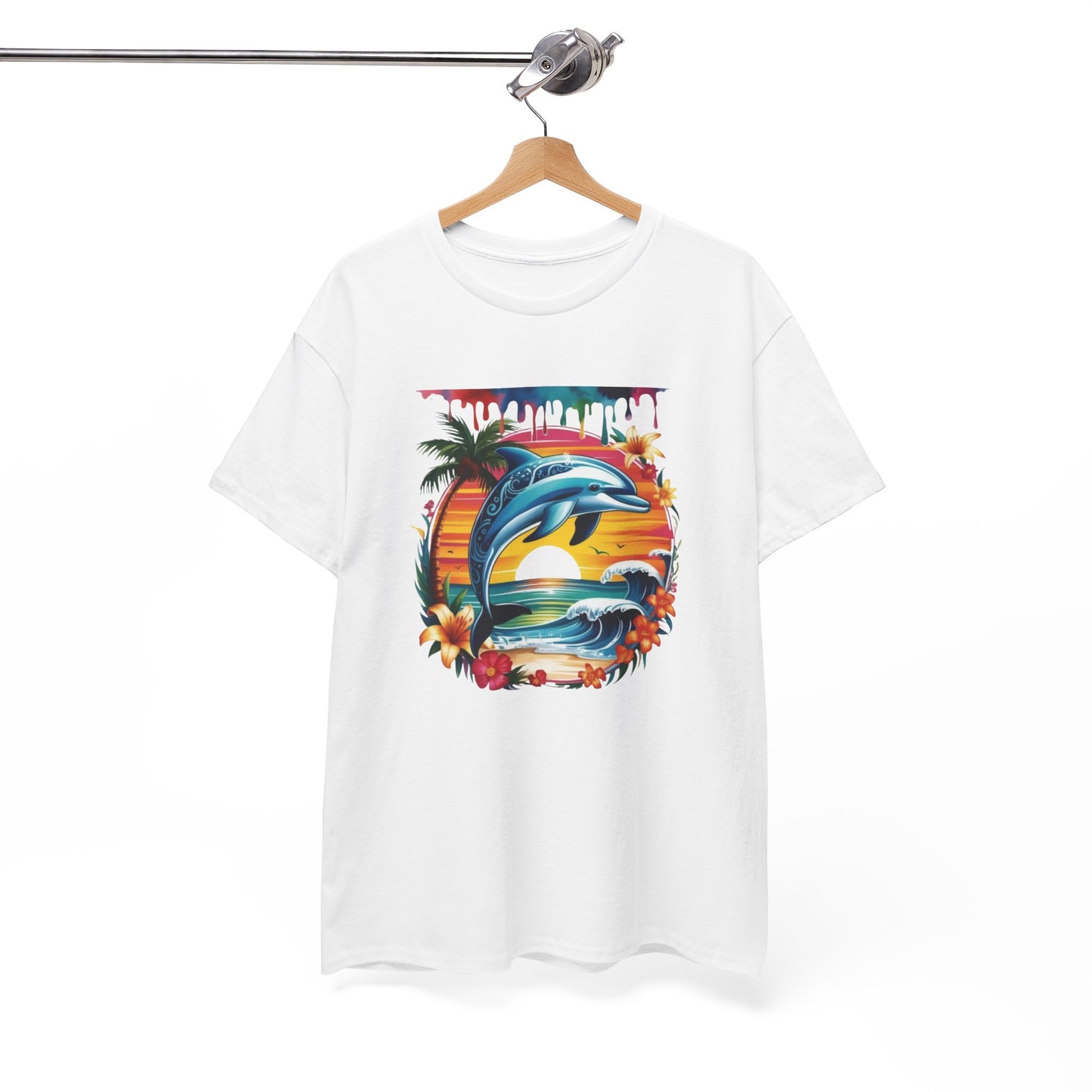 T-Shirt Dauphin Tropical Adulte – Dolphin Sunset Ocean Beach – Tee Shirt Été Vacances Noir Blanc Gris