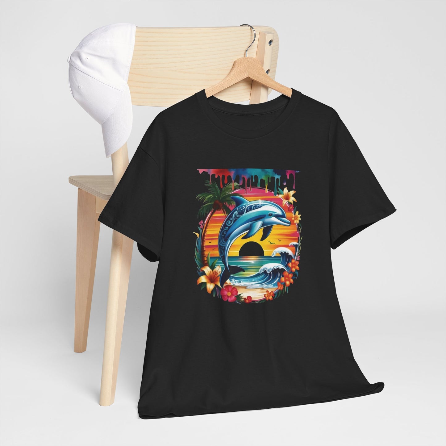T-Shirt Dauphin Tropical Adulte – Dolphin Sunset Ocean Beach – Tee Shirt Été Vacances Noir Blanc Gris