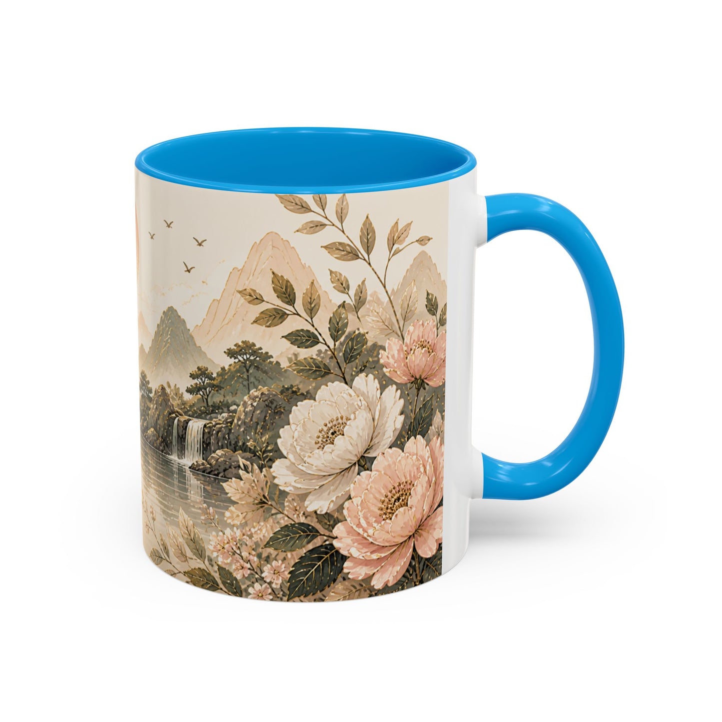Tasse Paysage Japonais Zen – Mug Floral Beige avec Montagnes, Rivière et Ambiance Asiatique Apaisante 325ml