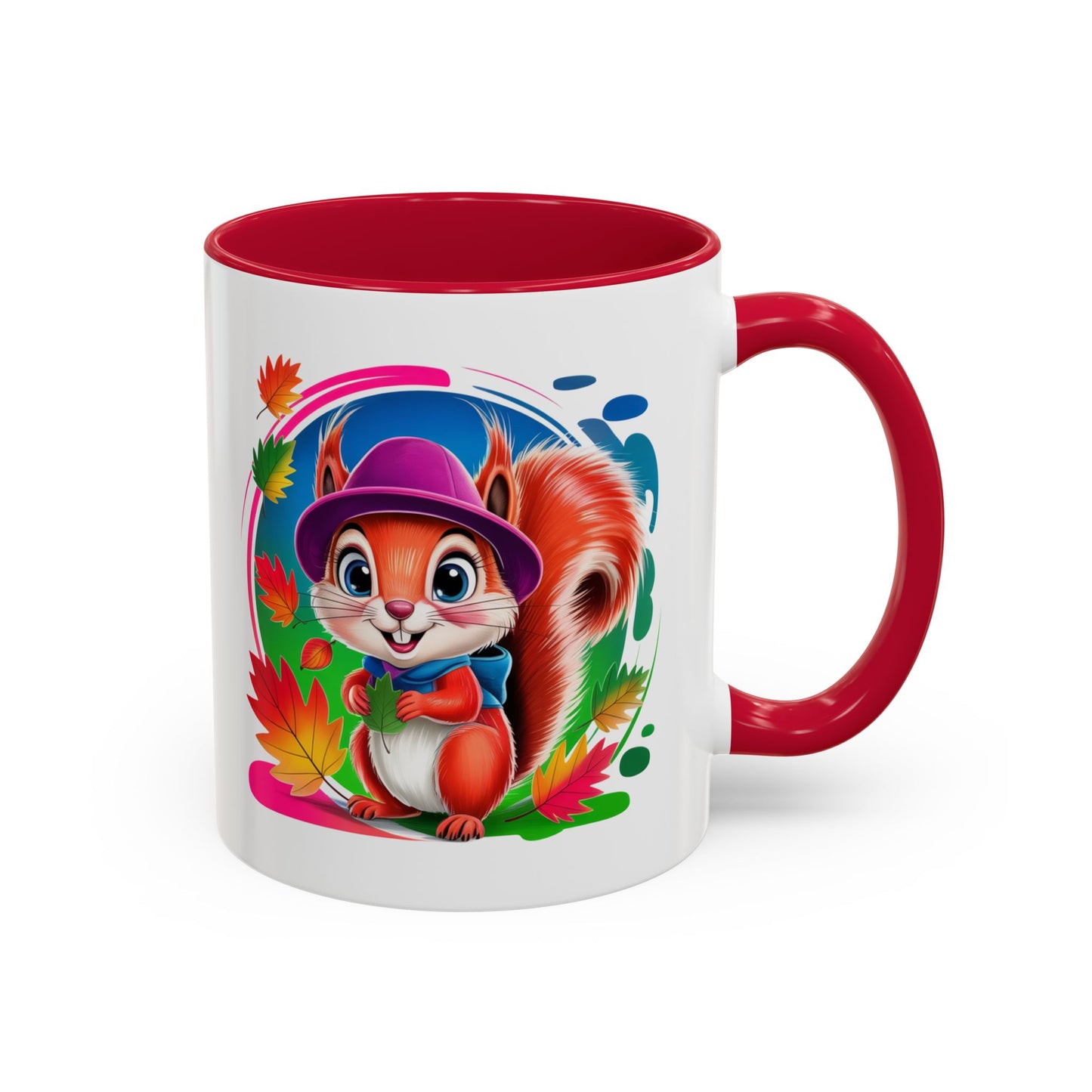 Mug Écureuil Mignon – Tasse Animal Automne Feuilles Colorées Kawaii – Cadeau Original Enfant Adulte – Céramique 325ml Noir Bleu Rouge
