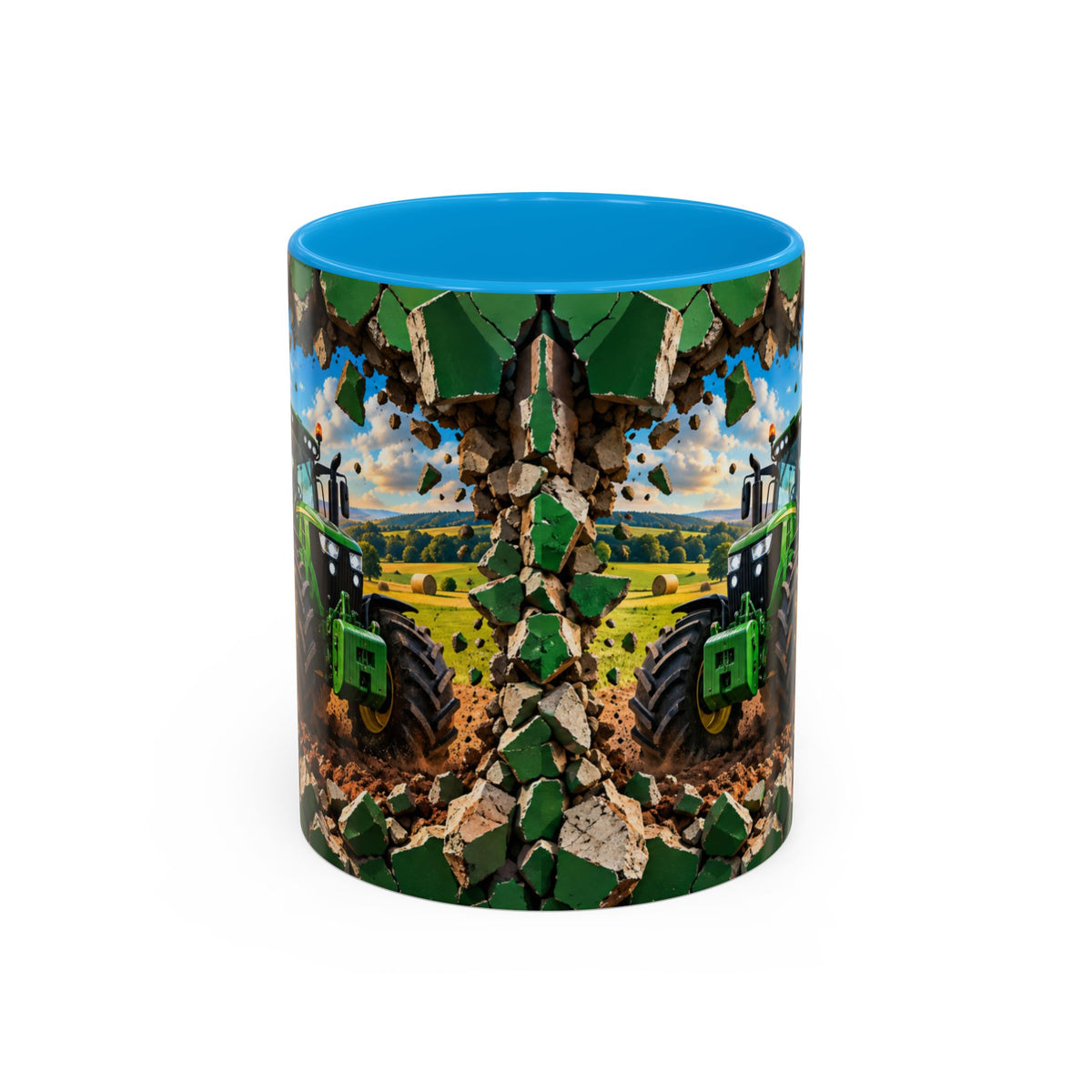 Mug Tracteur Agricole Vert – Tasse Agriculture avec Champ et Effet Mur Brisé – Cadeau Original Agriculteur Passionné de Tracteurs