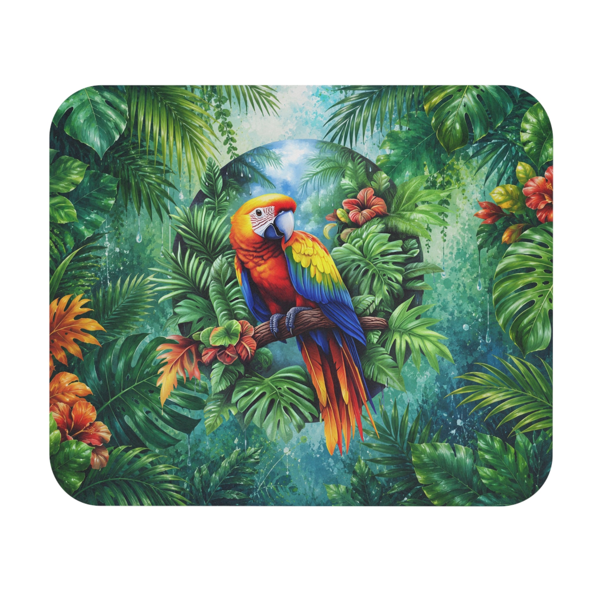 Tapis de Souris 22x18cm Perroquet Tropical Ara Coloré Jungle Exotique Feuilles Monstera Nature Bureau Gaming Décoration