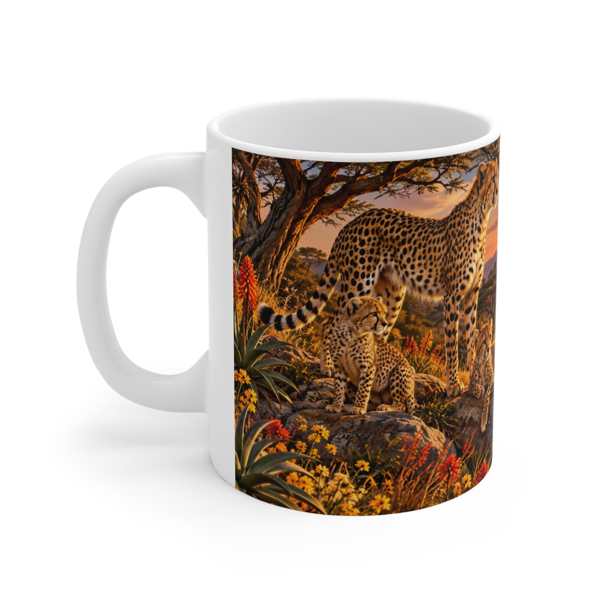 Mug Famille de Guépards dans la Savane – Tasse Animaux Sauvages Afrique avec Coucher de Soleil – Cadeau Original Amoureux des Félins