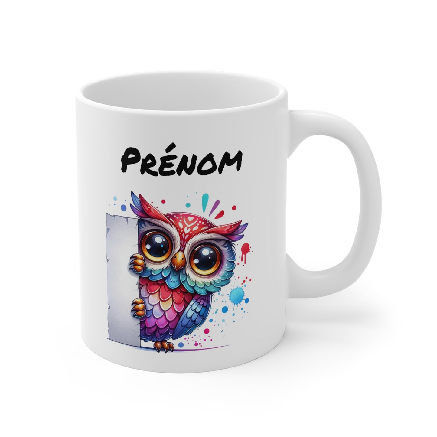 Tasse Personnalisable Hibou Mignon – Mug Prénom Illustration Colorée – Cadeau Animal Nocturne Bohème 325ml