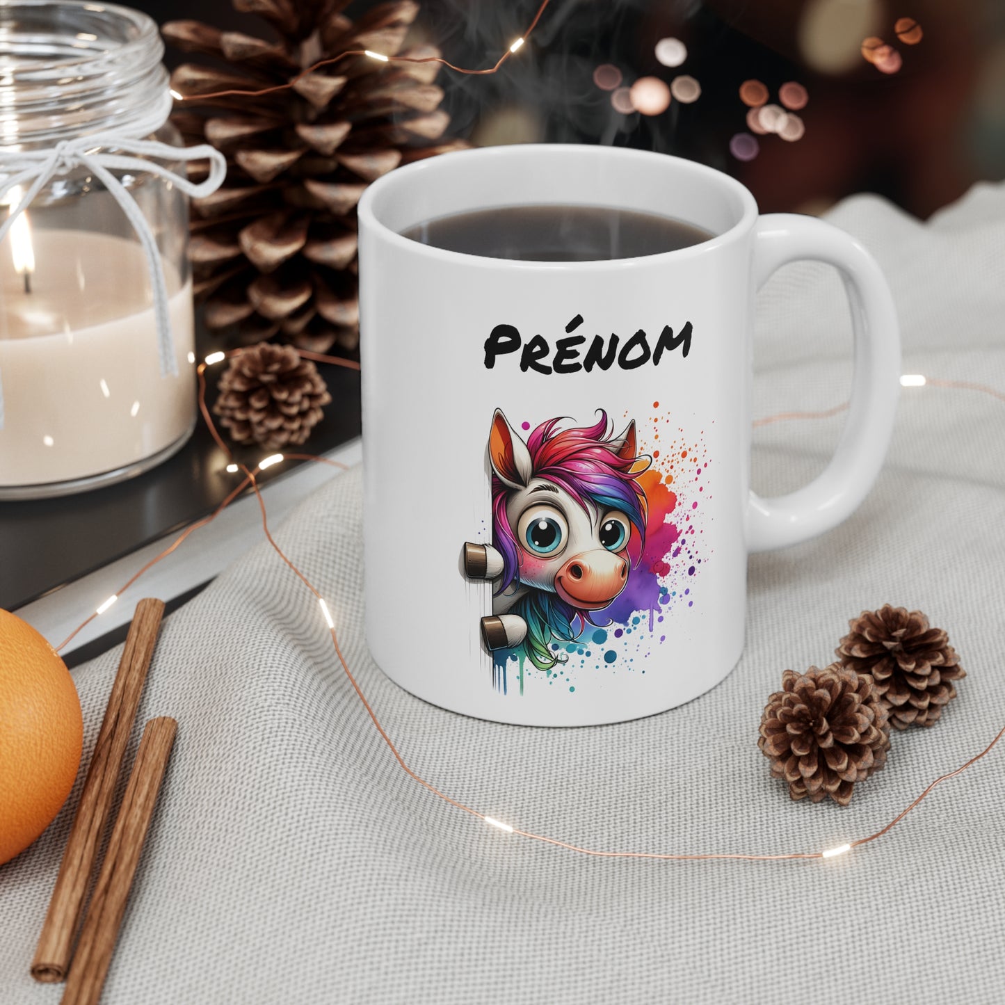 Tasse Personnalisable Cheval Blanc Mignon – Mug Prénom Illustration Arc-en-Ciel Colorée – Cadeau Animal Fantaisie 325ml