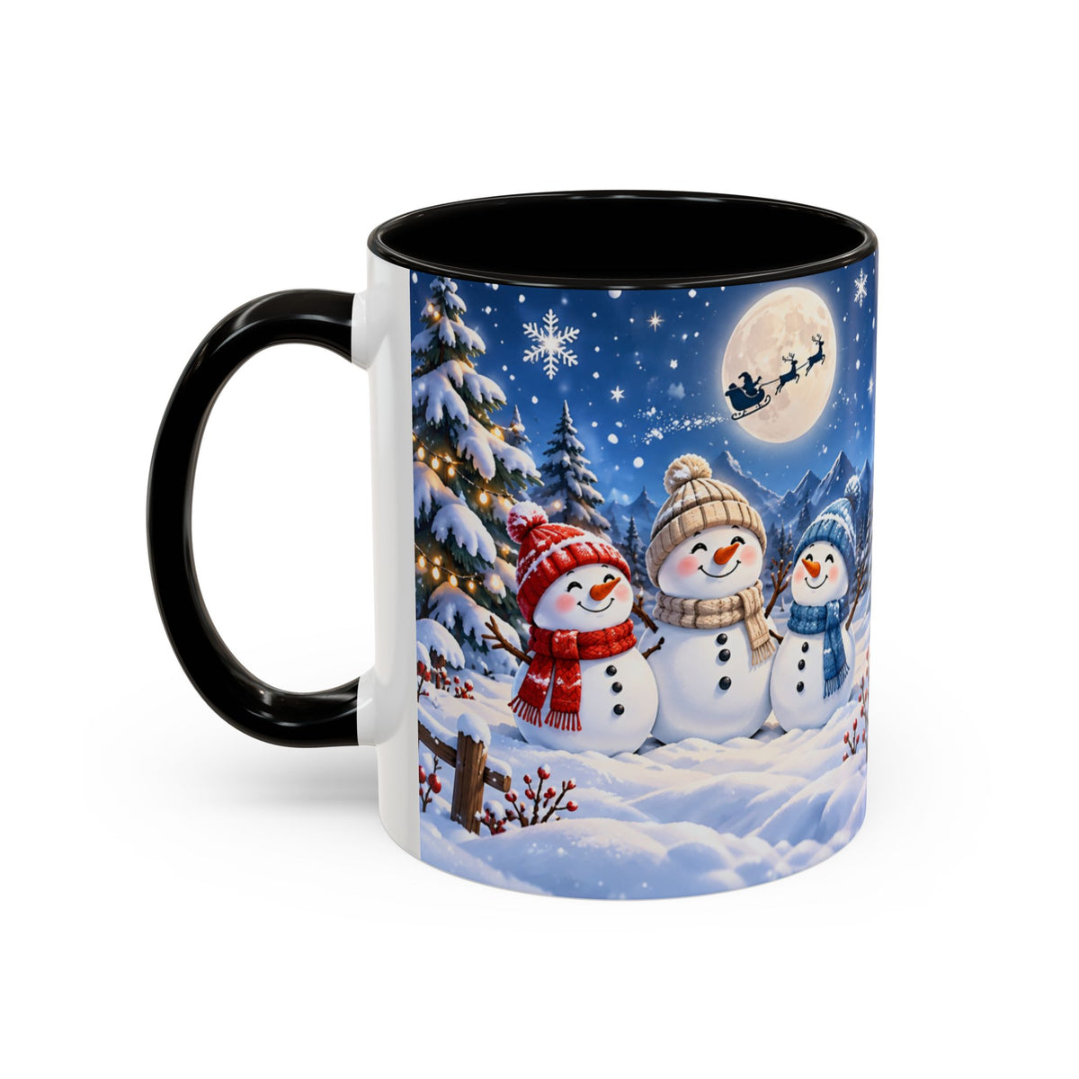 Mug Bonhommes de Neige de Noël – Tasse Hiver avec Sapins Enneigés, Lune et Traîneau du Père Noël – Cadeau Original Homme Femme