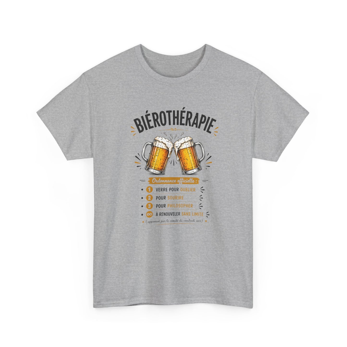 T-Shirt Biérothérapie Homme Femme – Tee Shirt Humour Bière Apéro – Cadeau Drôle Amateur Bière Soirée Noir Blanc Gris