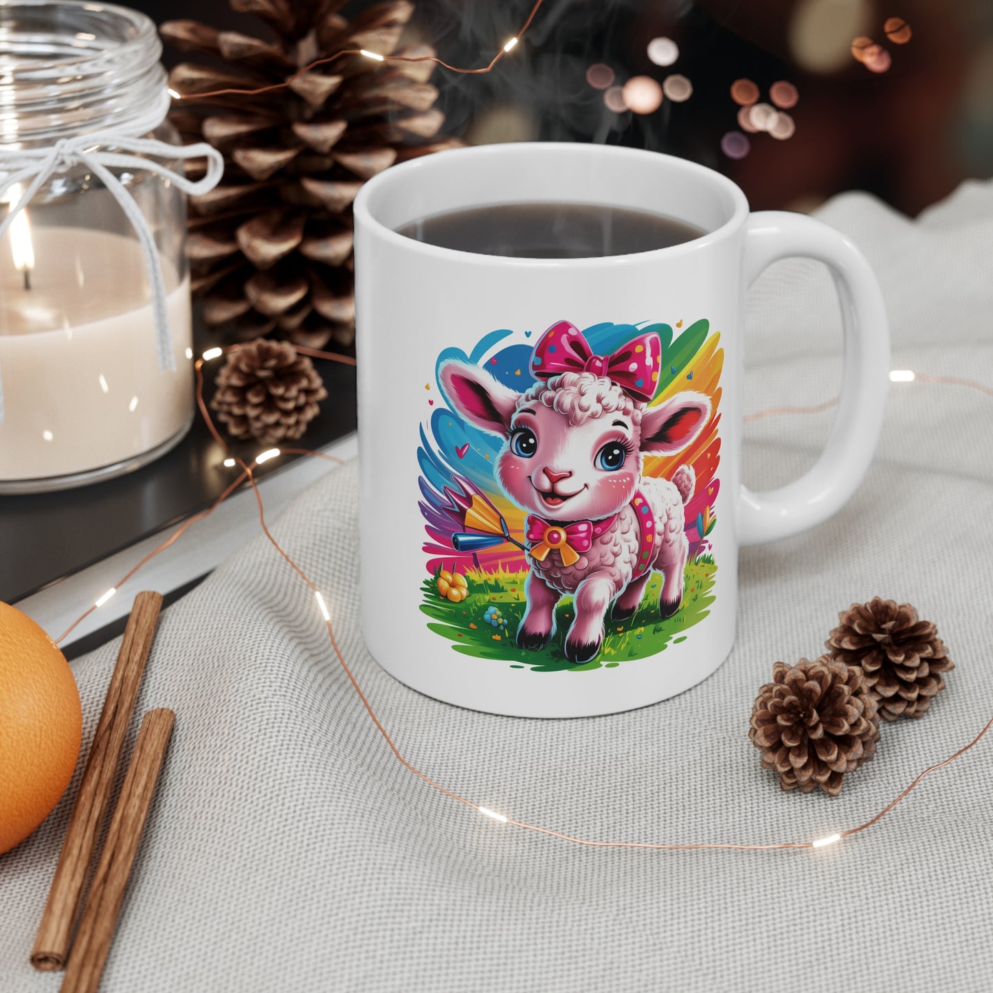 Mug Agneau Kawaii avec Nœud Rose – Tasse Mouton Cute Arc-en-Ciel – Design Animal Mignon et Féérique – Cadeau Original pour Enfants et Amoureux des Animaux Kawaii – Céramique 325ml
