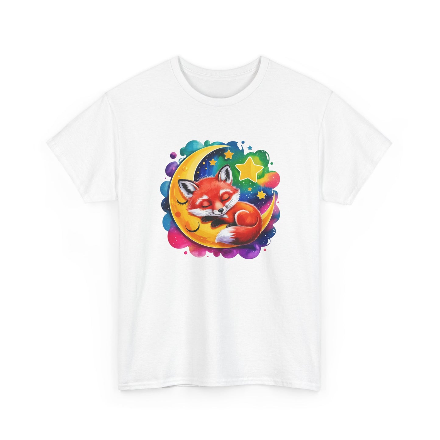 T-Shirt Renard Mignon Dormant sur Lune – Tee Shirt Nuit Étoilée Fantaisie – Cadeau Animal Cute Rêve Noir Blanc Gris