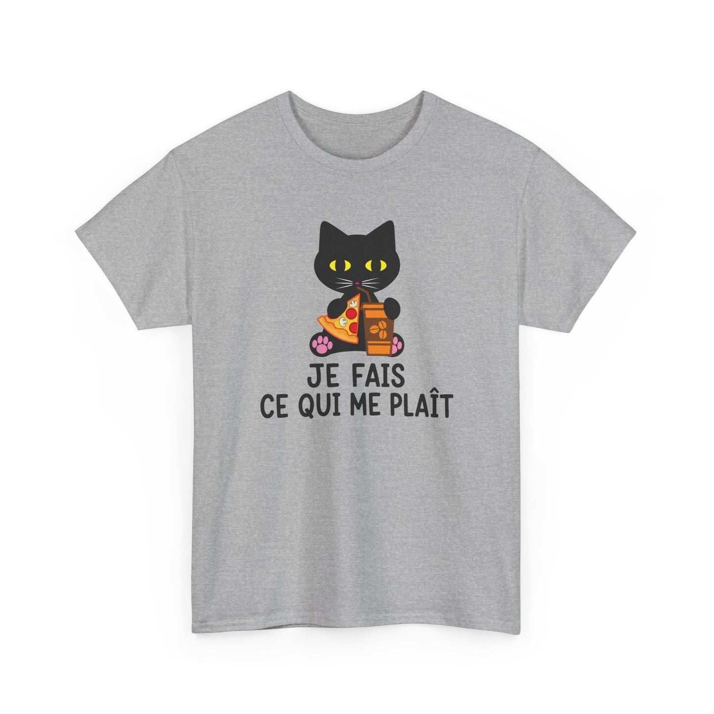 Tee Shirt Chat Homme Femme – Chat Pizza et Café Humour – Idée Cadeau Drôle Amoureux des Chats Gourmand
