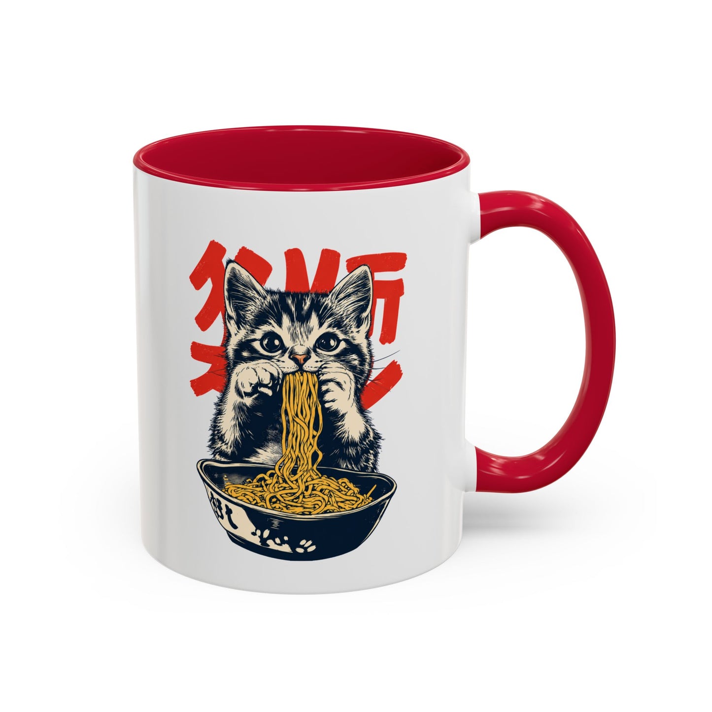 Mug Chat Humour – Tasse Chaton Ramen Nouilles Japonaises – Cadeau Original Amoureux des Chats Homme et Femme Noir Bleu Rouge