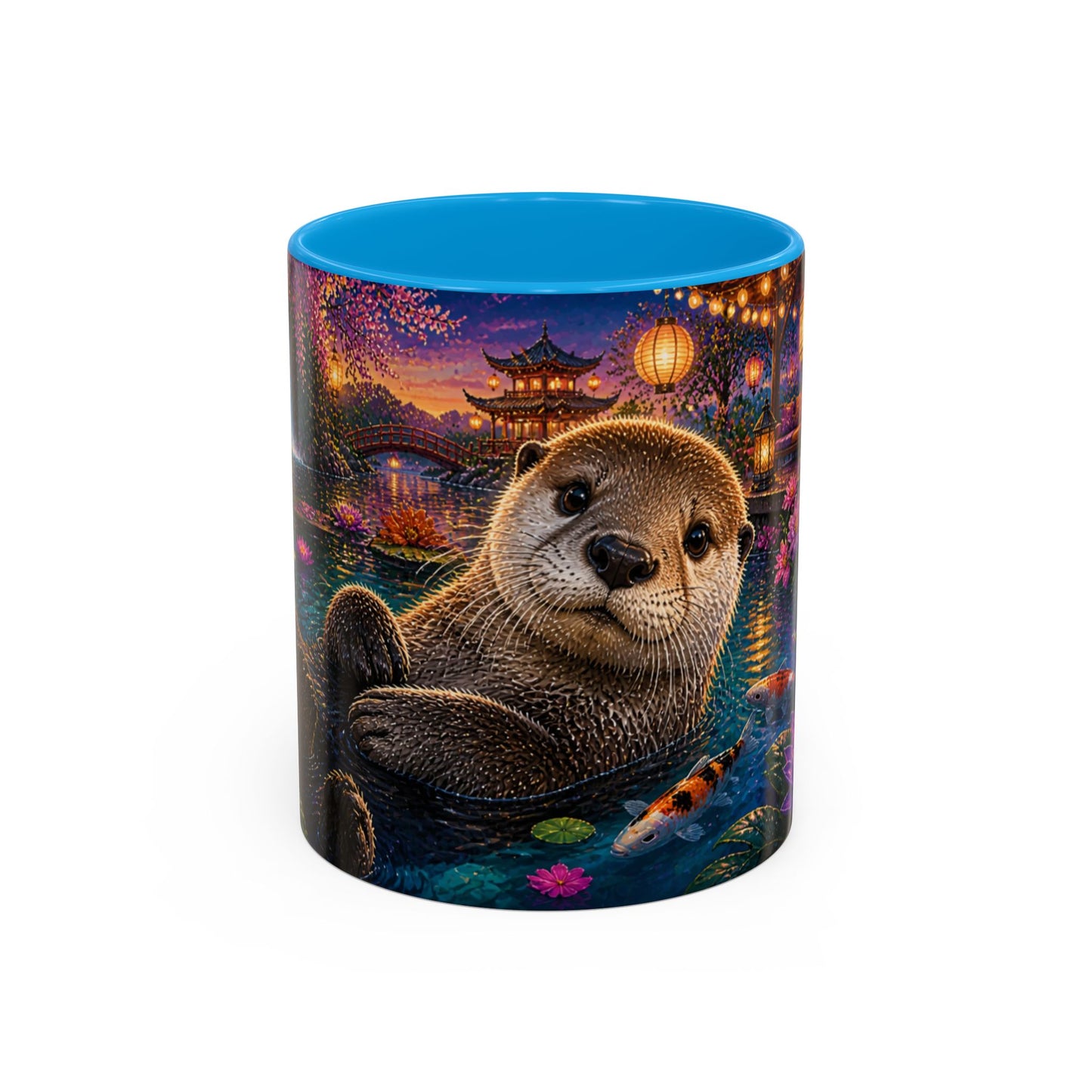 Tasse Loutre et Carpes Koi – Mug Jardin Japonais et Fleurs Tropicales – Design Artistique Relaxant – Céramique 325ml