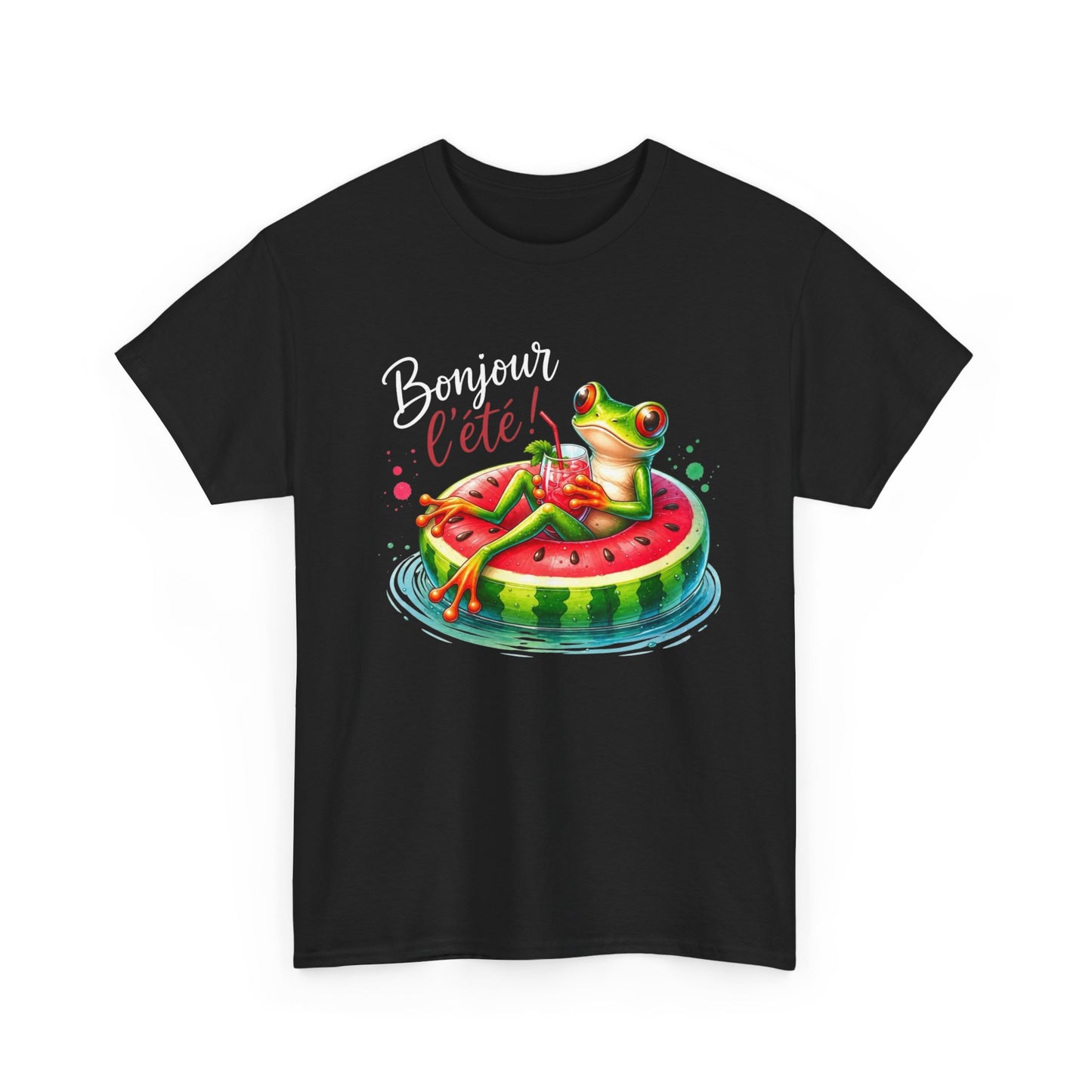 Tee-Shirt Bonjour l’Été Grenouille sur Bouée Pastèque – Cadeau Vacances Homme Femme Humour Soleil Plage