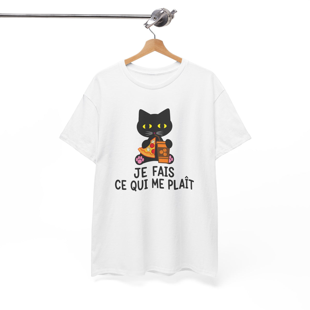 Tee Shirt Chat Homme Femme – Chat Pizza et Café Humour – Idée Cadeau Drôle Amoureux des Chats Gourmand
