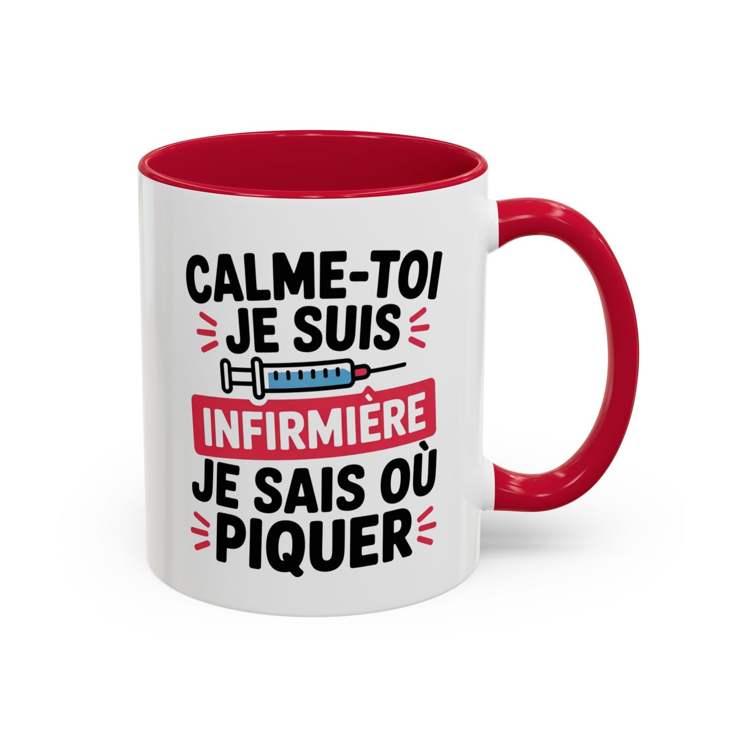 Tasse Infirmière Drôle “Calme-toi je suis infirmière je sais où piquer” – Mug Humour Métier Cadeau Collègue