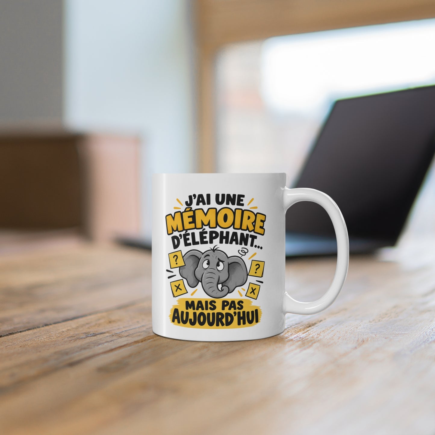 Mug Humour Mémoire d’Éléphant – Tasse Drôle Oublis et Mémoire – Cadeau Original Homme Femme