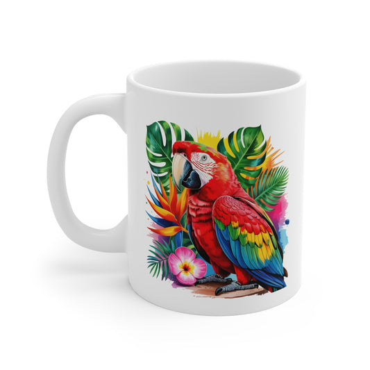 Mug Perroquet Tropical Coloré – Tasse Ara Exotique Jungle – Design Oiseau Tropical Multicolore avec Feuilles et Fleurs – Cadeau Original pour Amoureux des Animaux et Nature – Mug Céramique 325ml...