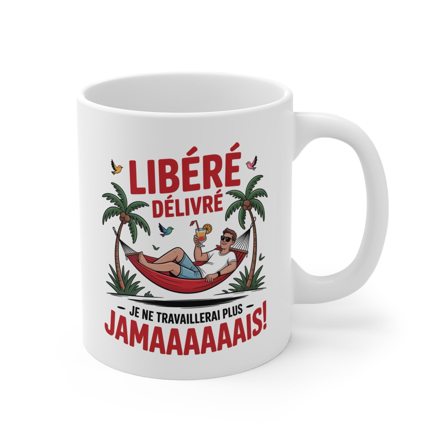 Mug Humour Homme Vacances – Tasse Céramique 325ml Hamac Cocktail – Cadeau Retraite Été Farniente