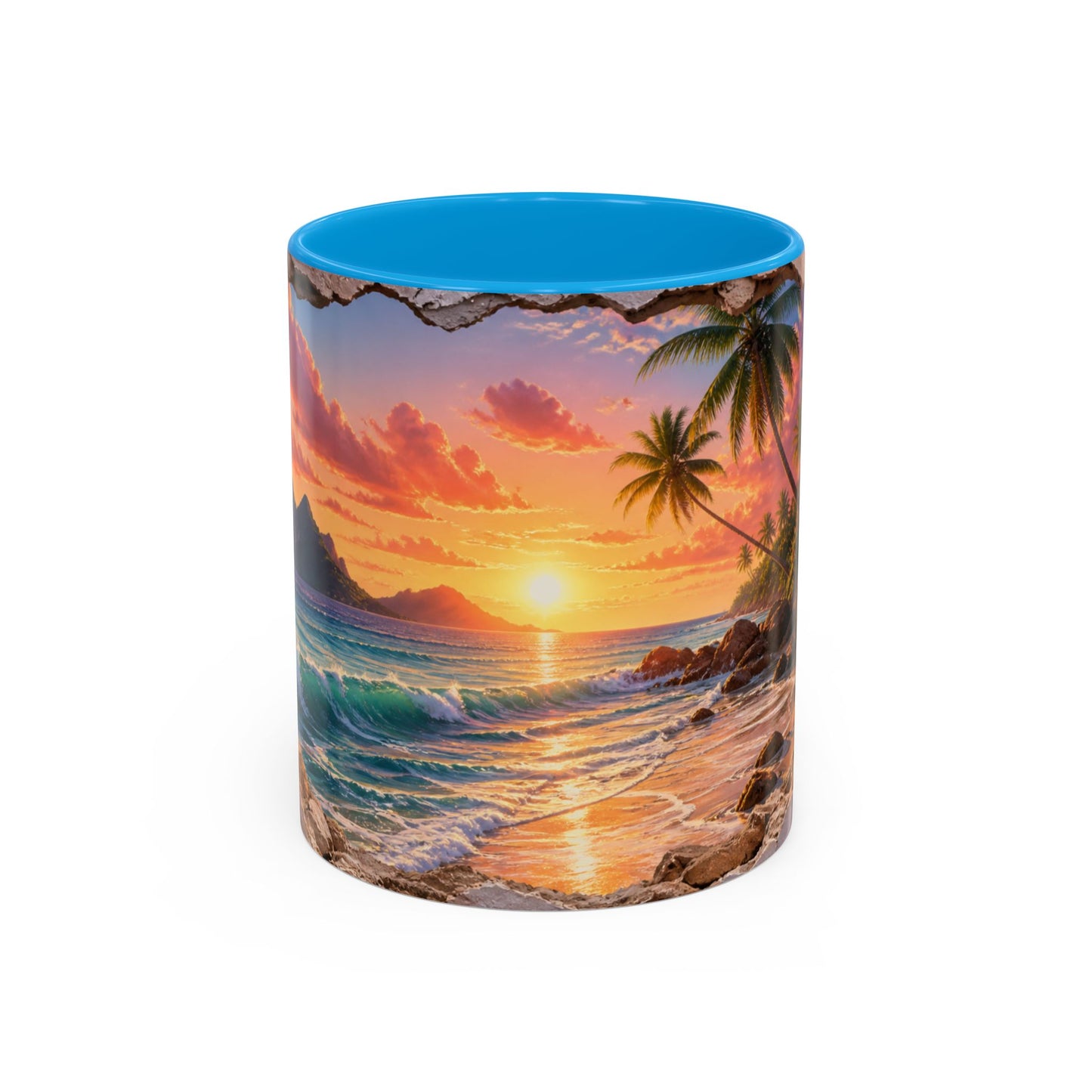 Tasse Plage Tropicale et Océan – Mug Paysage Paradis Exotique – Design Artistique Effet Mur Cassé – Céramique 325ml