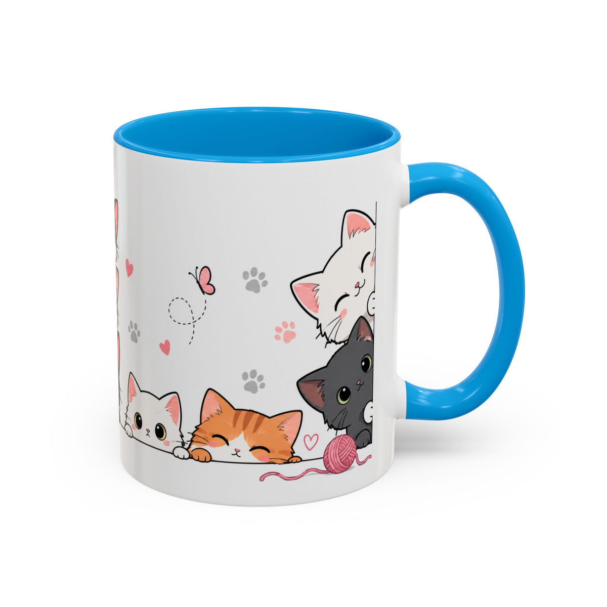 Mug Chats Mignons et Colorés – Tasse avec Petits Chats, Cœurs, Papillons et Pelote de Laine – Cadeau Original Amoureux des Chats