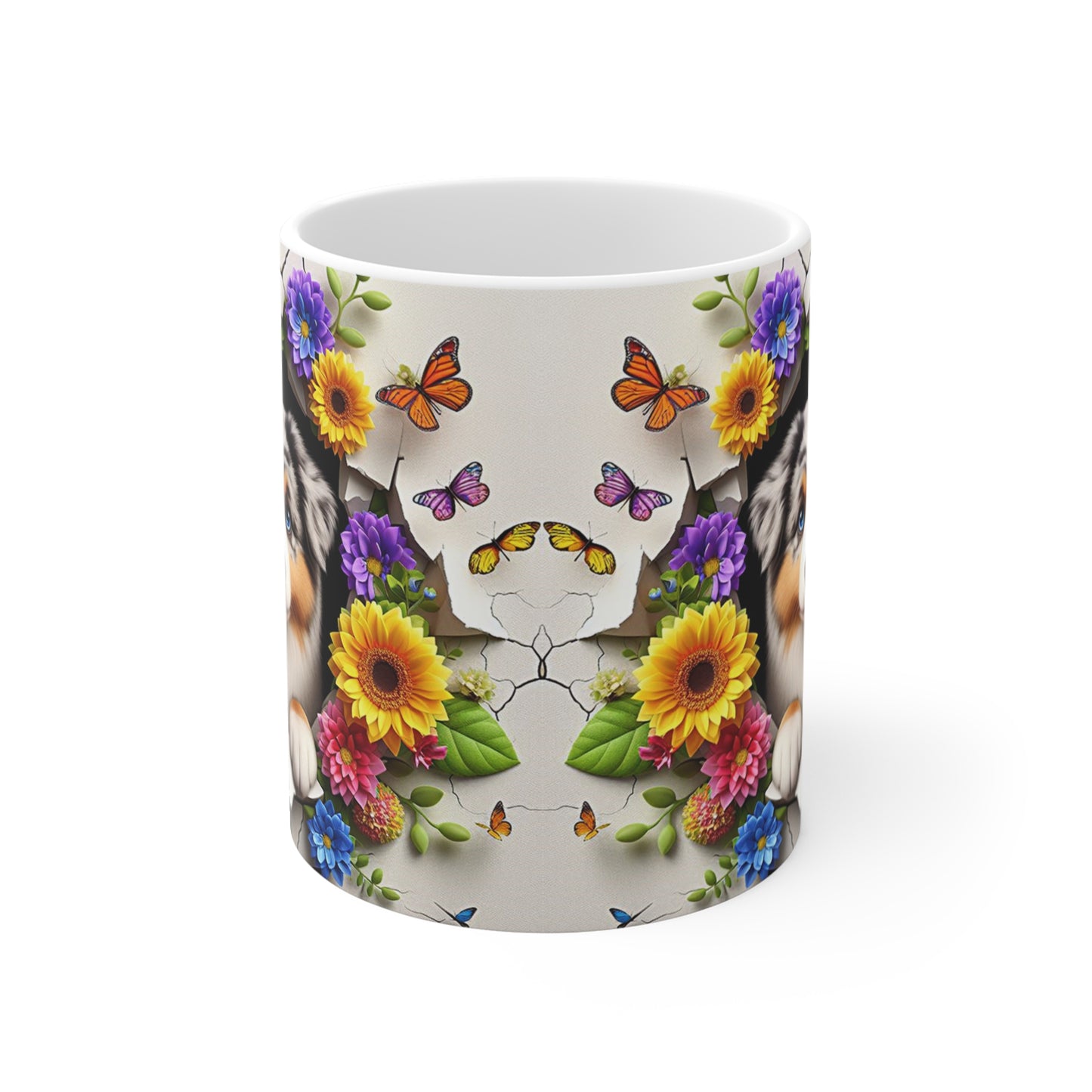 Tasse Céramique Berger Australien et Fleurs – Mug Chien Mignon Papillons – Cadeau Animaux Bohème 325ml